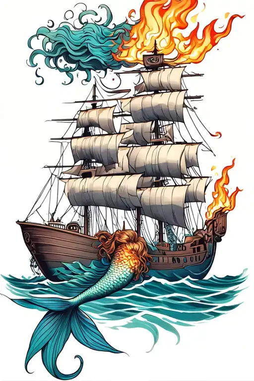 mermaid with burning ships tattoo design idea