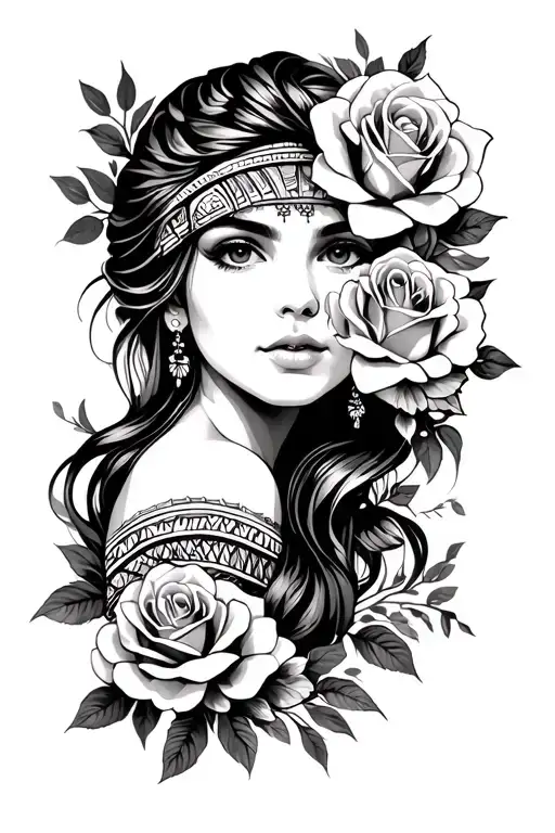 beautiful  girl with roses and aztec symbols tattoo design idea
