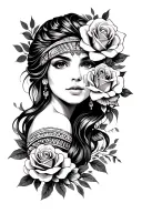 beautiful  girl with roses and aztec symbols tattoo design idea