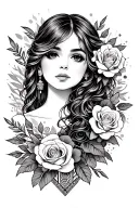 beautiful  girl with roses and aztec symbols tattoo design idea