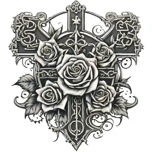 The word "Ðəz" inside of a cross wrapped in a rose covered in thorns with a water ripple at the bottom of the cross tattoo design idea