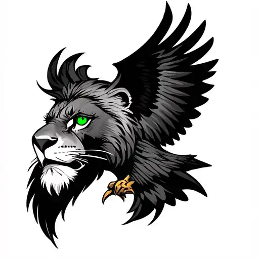 a lion head with a falcon on it and both have glowing green eyes tattoo design idea