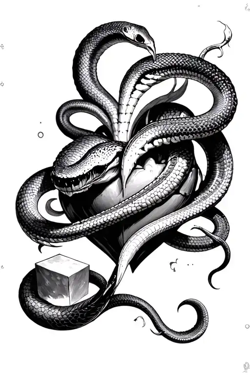 snake passing throug an invisible cube and becoming skeletal and following the infiniti shape go through a heart revive tattoo design idea