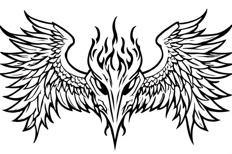 Flames, patterns, hieroglyphs, mysticism, demon wings on the sleeve tattoo design idea