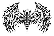 Flames, patterns, hieroglyphs, mysticism, demon wings on the sleeve tattoo design idea