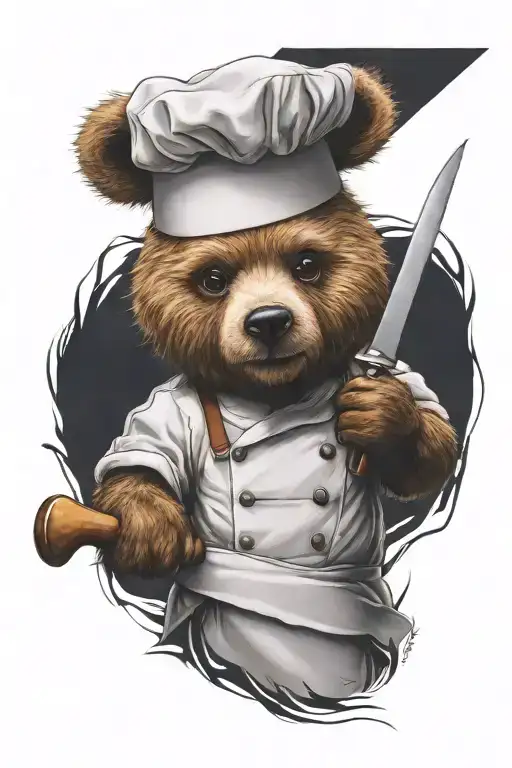 a sarcastic teddy bear who is a professional chef holding a chef knife  tattoo design idea