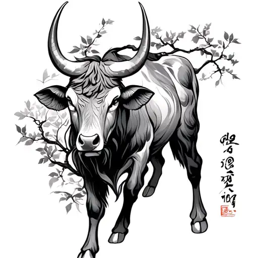 Fire OX with korean plum tree tattoo design idea