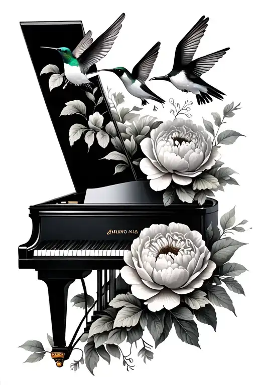 peonies and four hummingbirds half-grand piano tattoo design idea