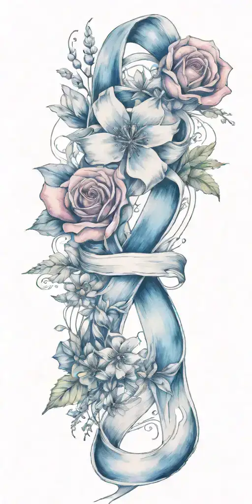 breast cancer awareness ribbon and bouquet fine line tattoo design idea