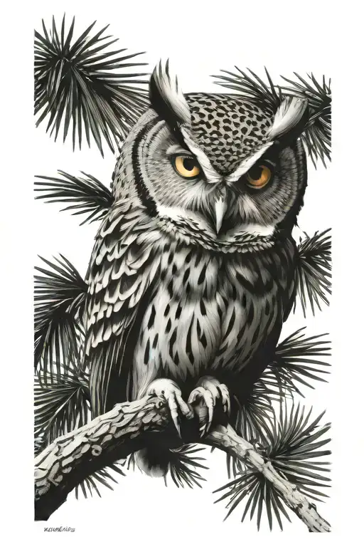 owl behind palmettos  tattoo design idea