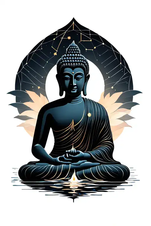 Sleeve From Wrist To Shoulder. buddha in Lotus, Water, Constellation, DMT molecule tattoo design idea