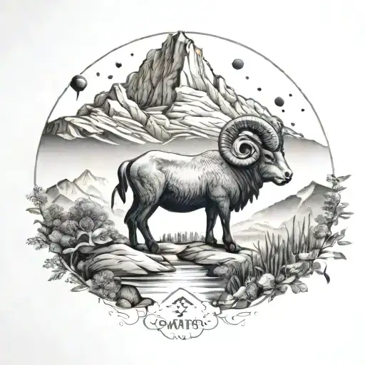A serene landscape tattoo featuring a tranquil mountain scene with the Aries ram subtly integrated, representing the client's love for nature and astrology tattoo design idea