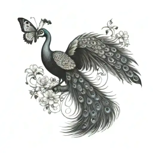 Peacock with butterfly as tail feathers tattoo design idea