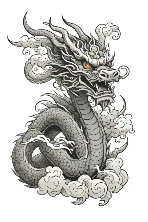 Japanese dragon, head only, coming out of clouds, smoke coming out of mouth, glowing eyes  tattoo design idea