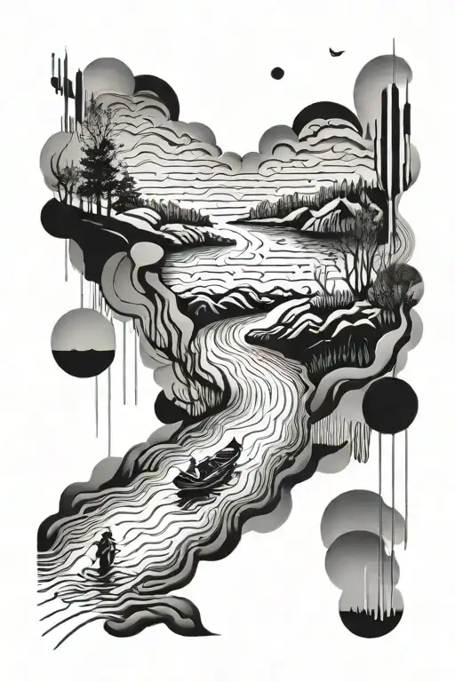 An artist's reminder of artistry. A writer traveling down a river. Abstract, geometric, fine line tattoo design idea