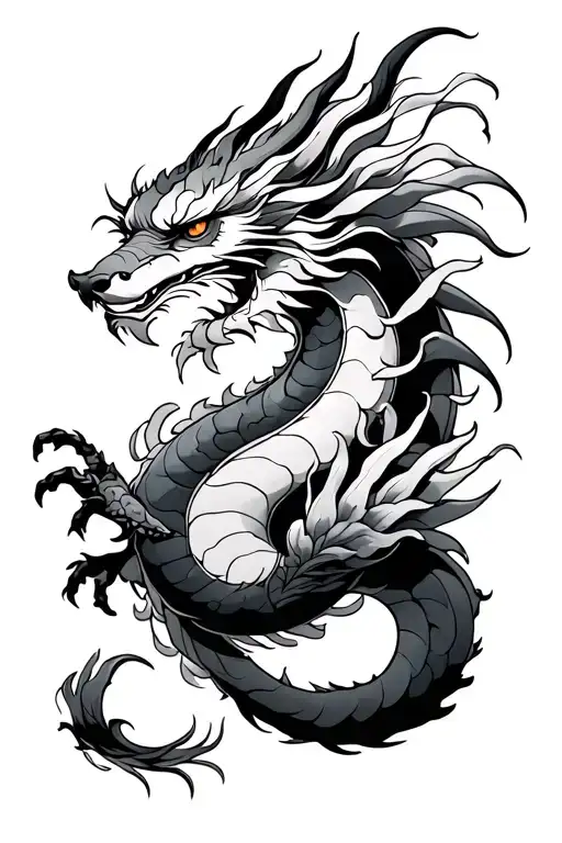 Japanese, something like a dragon or kitsune, to the forearm and shoulder, large-scale tattoo design idea