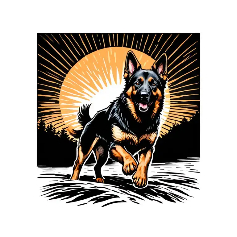 sun with running German shepherd silhouette tattoo design idea