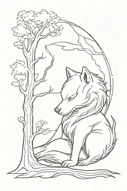 wolf sleeping near to a tree growing tattoo design idea