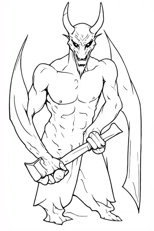 a demon is a Soviet sickle and a hammer that holds in his hands. Demon is turned with anfas tattoo design idea
