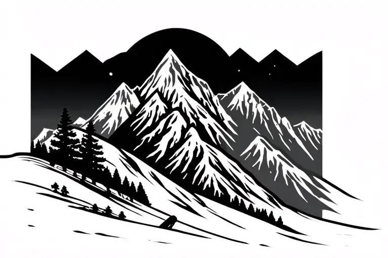 mountains and snowboarding silhouette tattoo design idea