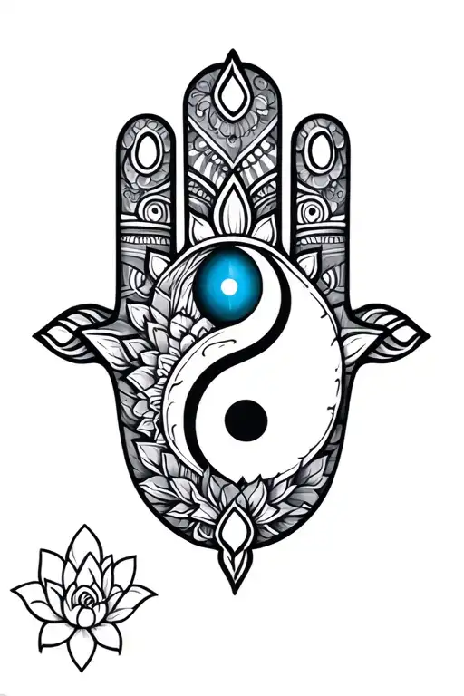 hamsa hand with evil eye lotus and yin yang symbol tattoo design idea