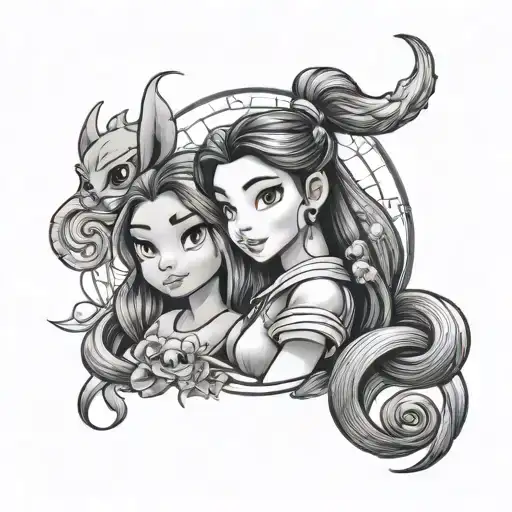 Disney characters stitch rapunzel mulan tattoo design idea