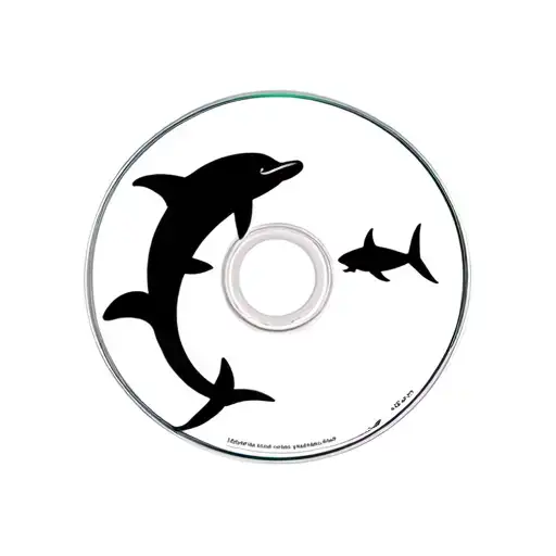 a cd with a tiny dolphin and a tiny shark black silhouette in the clear inner hub tattoo design idea