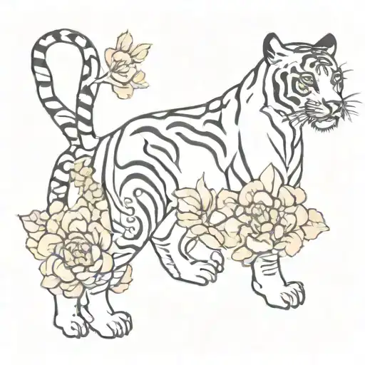 black full tiger body walking, red Asian style flowers around it tattoo design idea