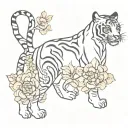 black full tiger body walking, red Asian style flowers around it tattoo design idea