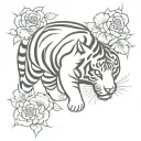 black full tiger body walking, red Asian style flowers around it tattoo design idea