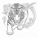 black full tiger body walking, red Asian style flowers around it tattoo design idea