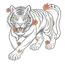 black full tiger body walking, red Asian style flowers around it tattoo design idea