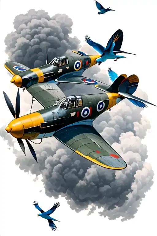 spitfire plane and multiple blue tit birds flying with each other tattoo design idea