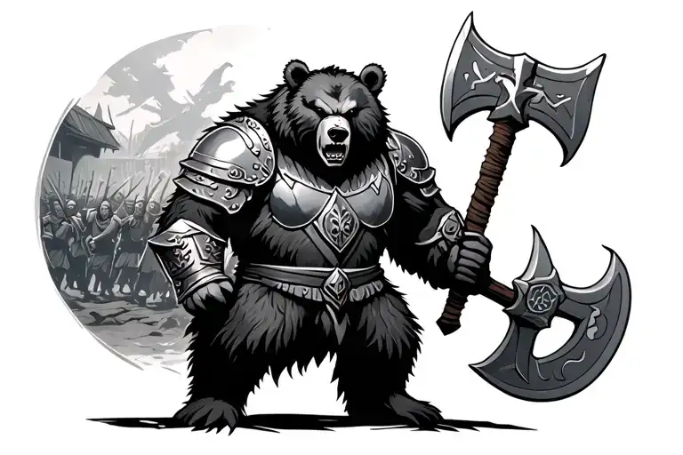 angry black and grey bear in Viking armor holding a battle axe with a battle scene behind him tattoo design idea