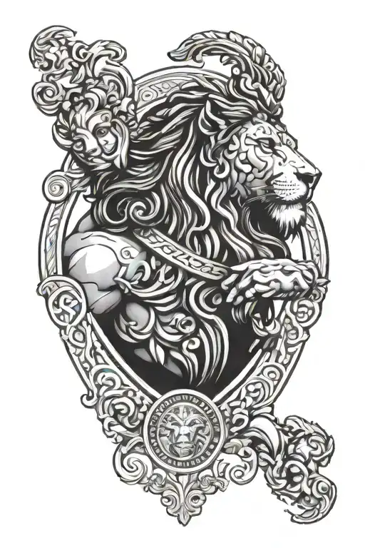 Hercules with lion helmet and Versace logo with Midas pattern tattoo design idea
