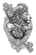 Hercules with lion helmet and Versace logo with Midas pattern tattoo design idea