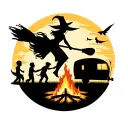 silhouette of sexy witch flying on broomstick over a campsite with a trailer and campfire with 3 boy children & 2 dogs  tattoo design idea