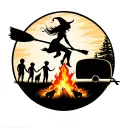 silhouette of sexy witch flying on broomstick over a campsite with a trailer and campfire with 3 boy children & 2 dogs  tattoo design idea