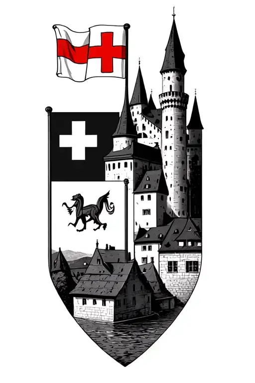 Flag of Thun Switzerland and the castle of Thun tattoo design idea