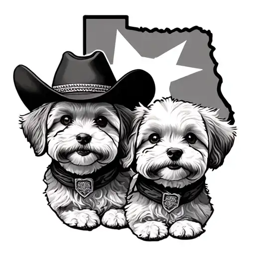 two maltipoo dogs with cowboy hat inside texas state with lone star tattoo design idea