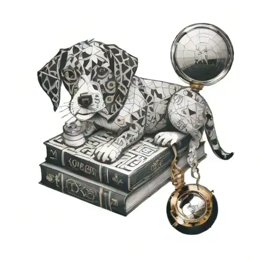 Illustrate a dog sitting on a pile of books, with a magnifying glass in its mouth, surrounded by intricate geometric patterns inspired by engineering diagrams tattoo design idea