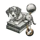 Illustrate a dog sitting on a pile of books, with a magnifying glass in its mouth, surrounded by intricate geometric patterns inspired by engineering diagrams tattoo design idea