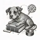 Illustrate a dog sitting on a pile of books, with a magnifying glass in its mouth, surrounded by intricate geometric patterns inspired by engineering diagrams tattoo design idea