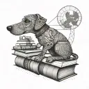 Illustrate a dog sitting on a pile of books, with a magnifying glass in its mouth, surrounded by intricate geometric patterns inspired by engineering diagrams tattoo design idea