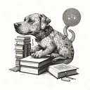 Illustrate a dog sitting on a pile of books, with a magnifying glass in its mouth, surrounded by intricate geometric patterns inspired by engineering diagrams tattoo design idea