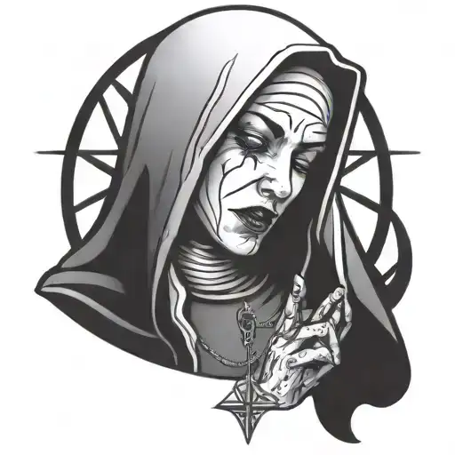 Nun crying blood with a pentagram carved in her forehead tattoo design idea