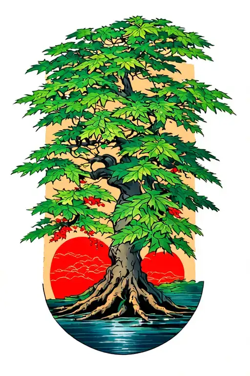 Japanese maple tree with leaves tattoo design idea