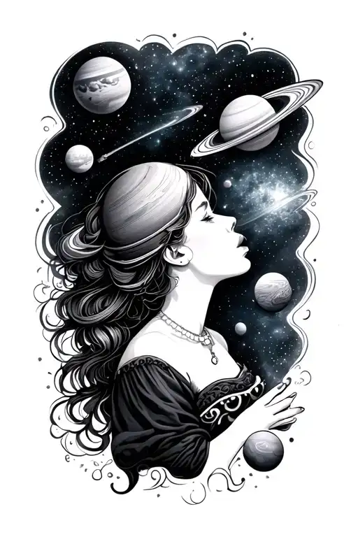 galaxy with a girl blowing a kiss to the planets orbiting. she is at the bottom of the tattoo, profile looking up blowin tattoo design idea