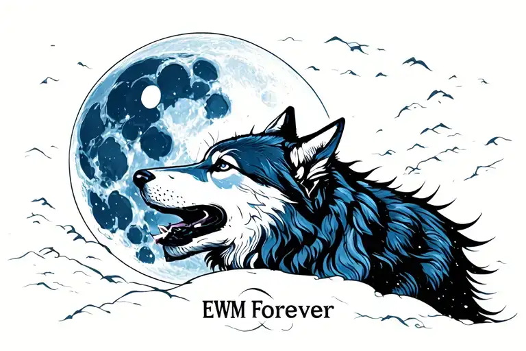 "EWM Forever" Wolf howling at the moon tattoo design idea