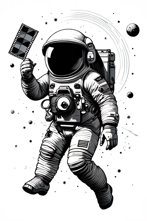 astronaut floating, with camera and film, and space scene tattoo design idea